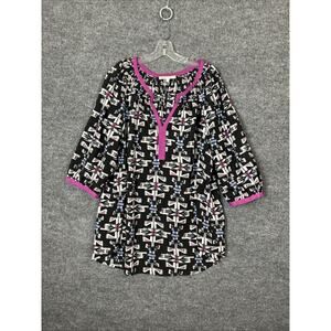 Daniel Rainn Black Geometric Print Blouse with Pink Trim